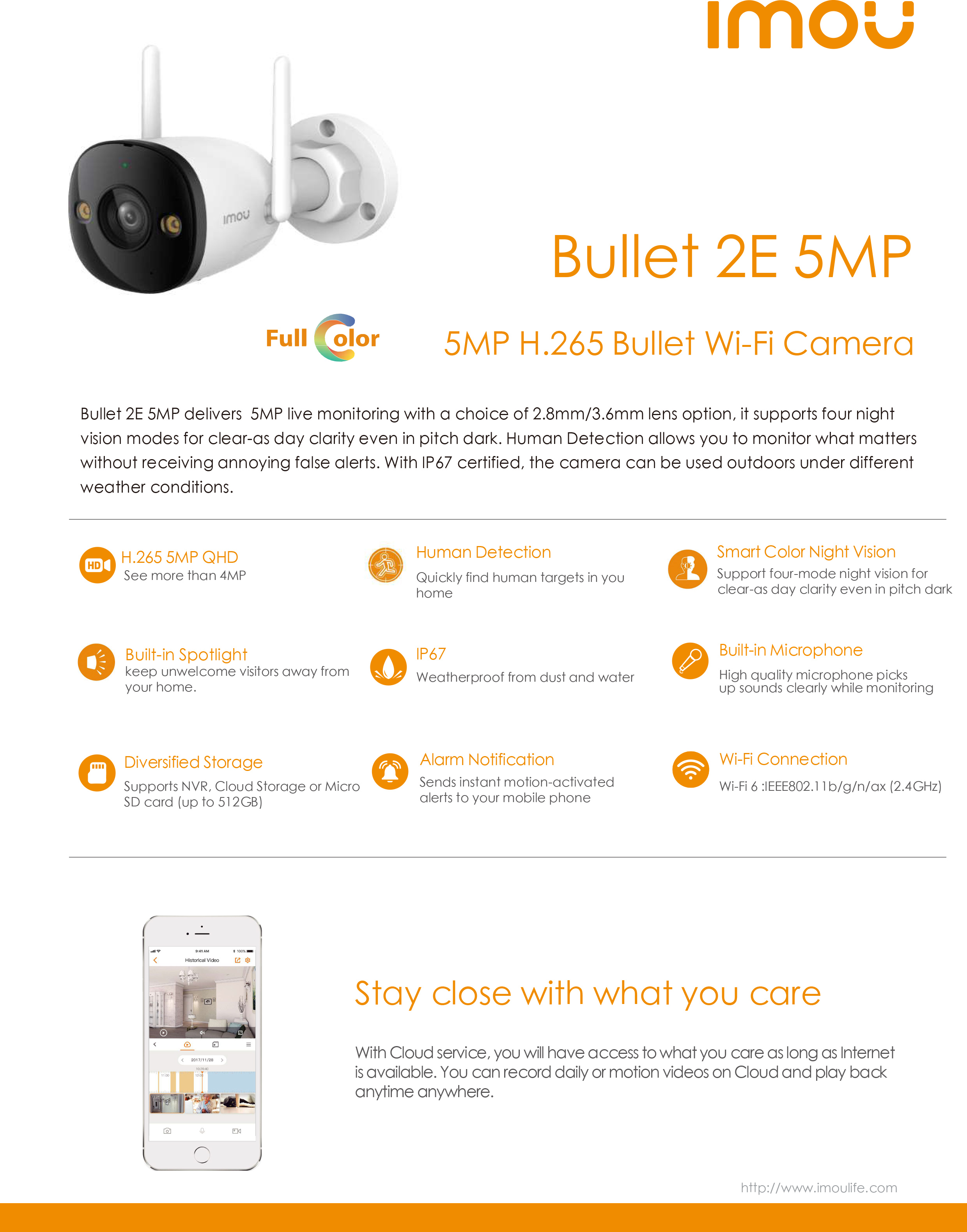 IMOU IPC-F52FP : BULLET 2E 5MP กล้องวงจรปิด WIFI IR 30 M. Full-Color, มีไมค์ในตัว, ติดตั้งภายนอกได้ เลือกความจุการ์ดได้ BY BILLIONAIRE SECURETECH IPC-F52FP