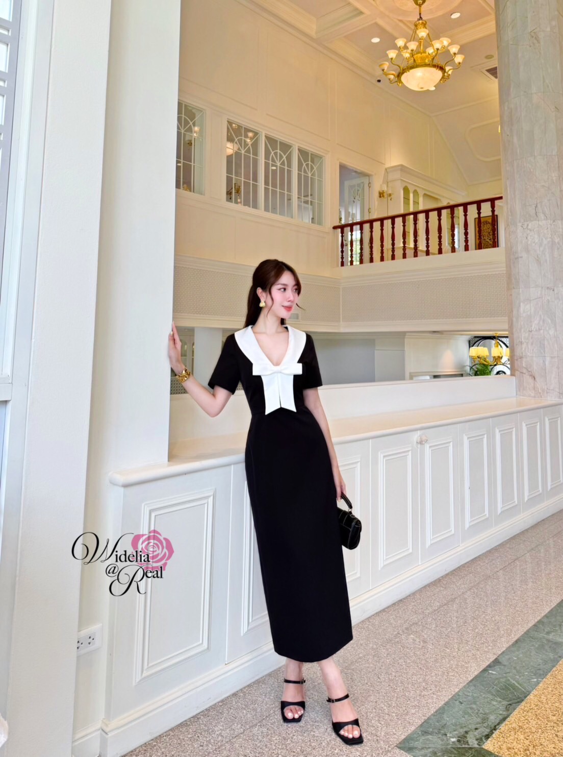 Korea Dress เดรสตัวยาว ทรงสอบ แขนสั้น อกโบว์ขาว