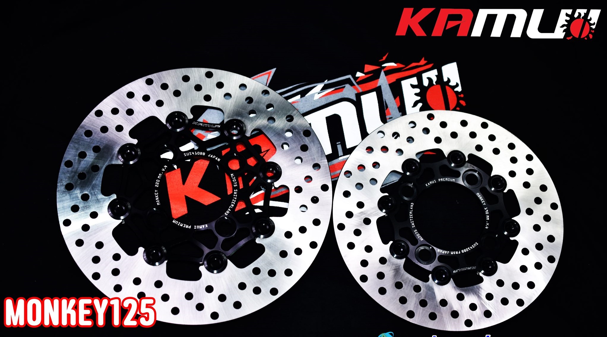 จานดิสก์monkey125 KAMUI ราคาชุดละ6000 หน้า 220 มิล.+หลัง 190 มิล. ลาย POWER-SLOT V.4 ข้อดีของจาน Floating - จานดิสก์ สแตนเลส 410BB จาก ญี่ปุ่น ผ่านการชุบแข็ง - อลูมิเนียม 7075 T651 จาก สวิตเซอร์แลนด์ - ใส่ปั๊ม Brembo ไม่ติดหมุด ไม่ต้องตัดผ้าเบรค - จับหน้า