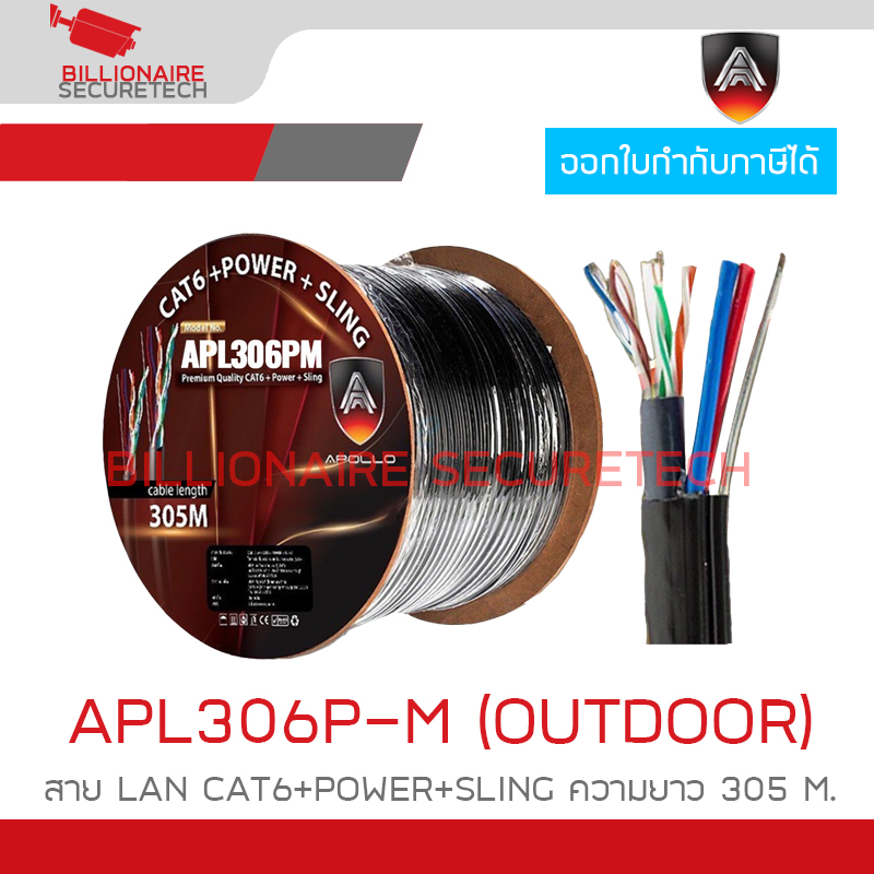 APOLLO APL306P-M / APL-306PM สาย LAN CAT6+POWER+SLING OUTDOOR สำหรับใช้ภายนอก ความยาว 305 M. สายสีดำ BY BILLIONAIRE SECURETECH APL306P-M