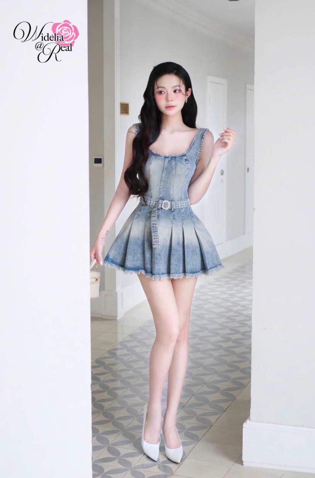 Korea Dress เดรสแขนกุด เข็มขัดหัวเพชร ผ้ายีนส์แท้ 100%