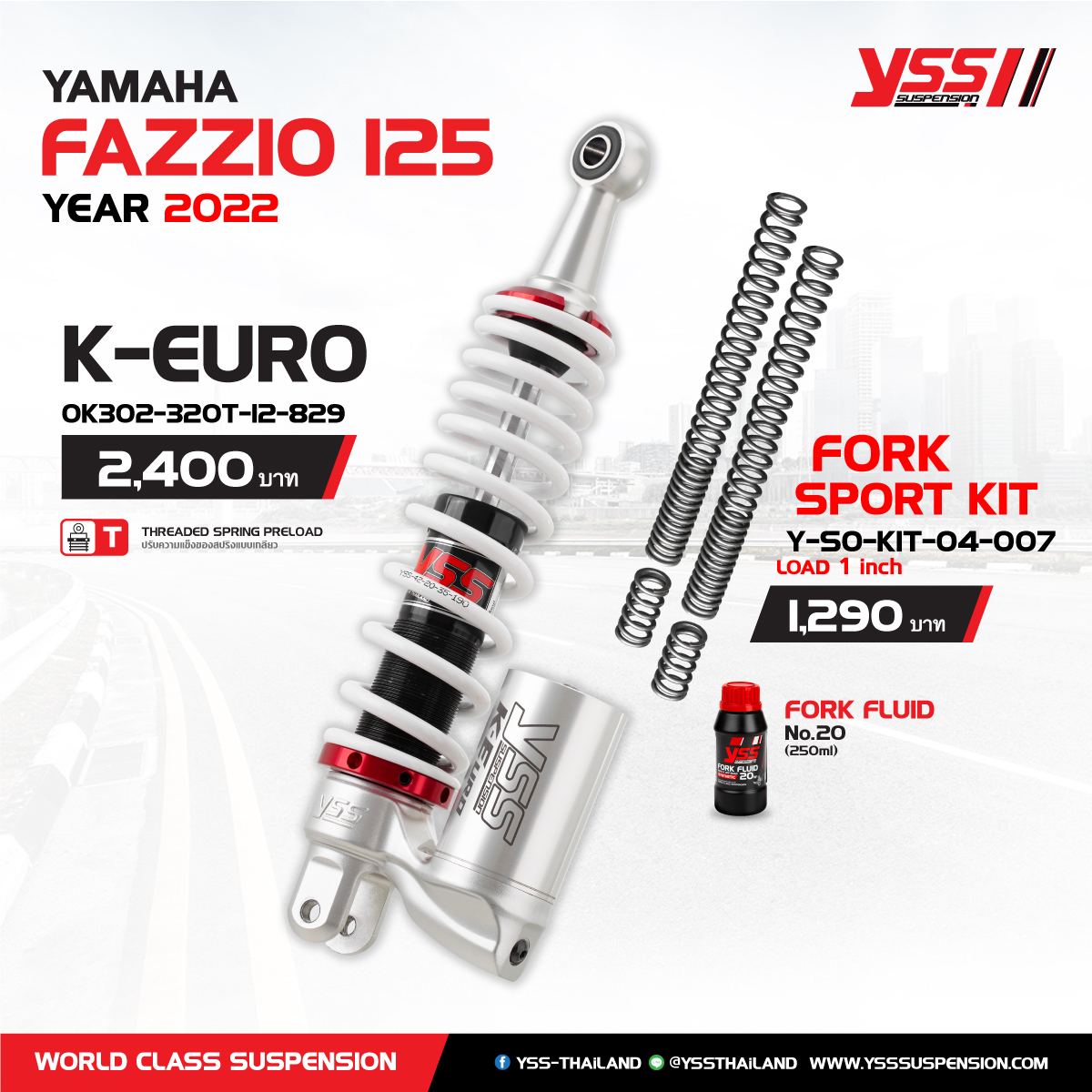 โช็ค YSS K-EURO FAZZIO สปริงขาว-แดง