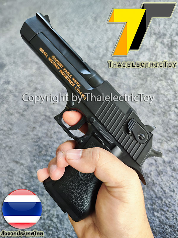 ปืนอัดลมพลาสติก Desert Eagle ชักยิงทีล่ะนัด นกสับได้ ลำกล้องยาว 7.5 นิ้ว หนัก 407 กรัม ใช้ลูกกระสุนพลาสติก 6 มิล (เป็นโลหะเฉพาะสไลน์ท่อนหลังเท่านั้น)