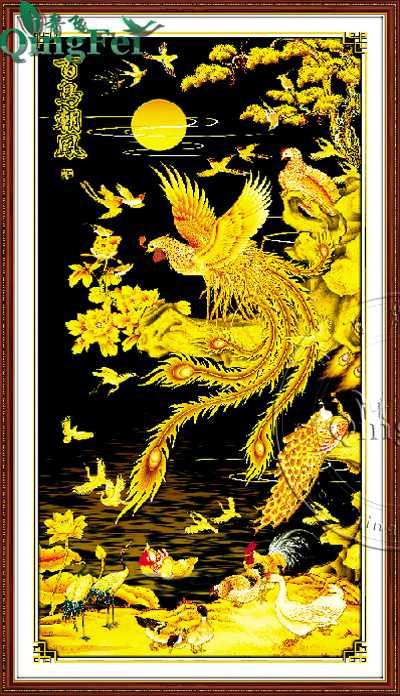 phoenix-1102 *สินค้าหมด* ชุดปักครอสติช ลายหงส์ฟินิกซ์ทองหันซ้าย กับสัตว์คู่มงคล (ปักเต็มผืนผ้า ผ้า11CTพิมพ์ลาย ปัก 3 เส้นเล็ก) ขนาด 50*90 ซม.ผ้าครอสติช 11CTพิมพ์ลายปักบนผ้า ไหมคอตตอน 30 สี ผังลาย เข็ม