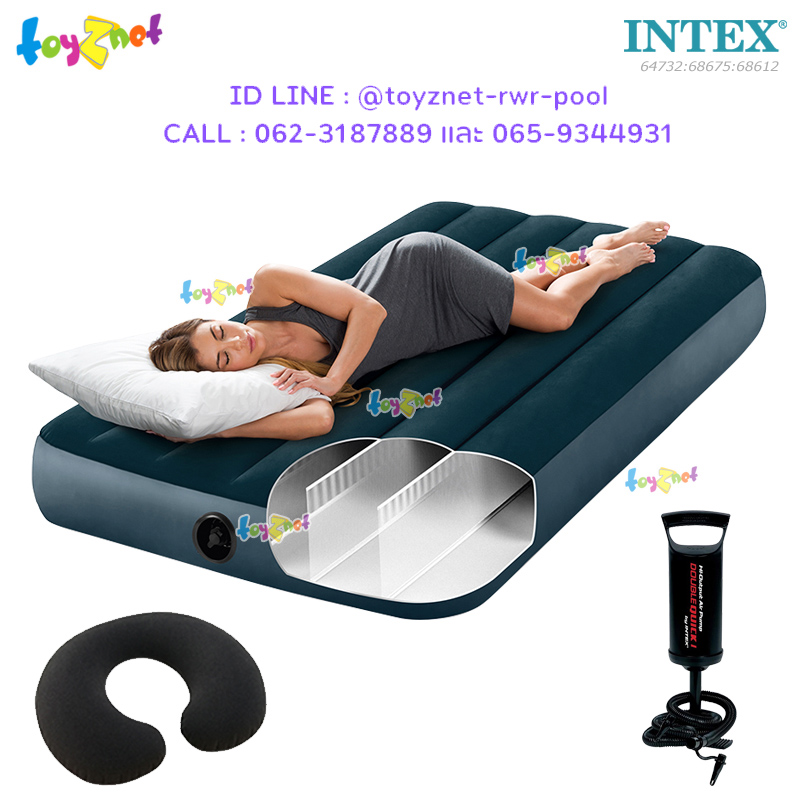 Intex "New Structure - More Comfortable" Dura-Beam Fiber-Tech Airbed 3.5ft (Twin) 0.99x1.91x0.25 m. Midnight Green No.64732 + 1 Travel Pillows + DQI Air Pump
