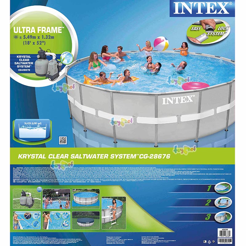 Intex Ultra Frame Pool Set 18ft (5.49x1.32 m) w/Sand-Saltwater System, ladder, ground cloth, pool cover, deluxe pool maintenance kit and volleyball set no.28336