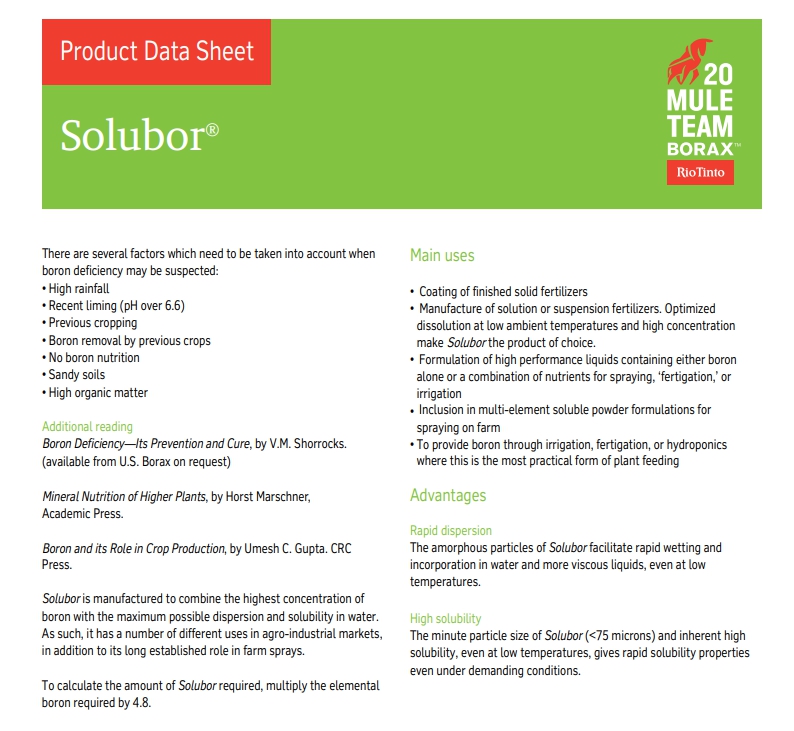 Solubor โซลูบอร์ ผงจุลธาตุโบรอน 20.5% (Disodium Octaborate Tetrahydrate) บรรจุ 1 กิโลกรัม (R)