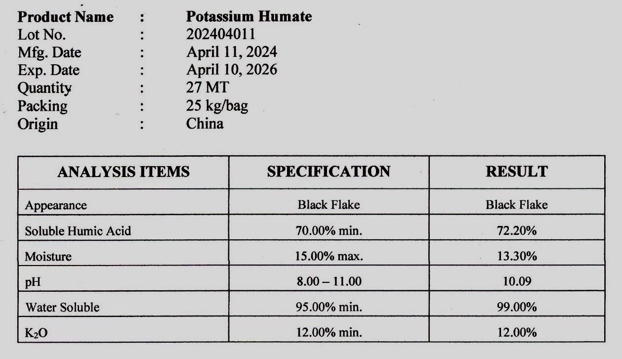 Potassium Humate 95% Flake โพแทสเซียมฮิวเมท คุณภาพสูง แบบเกล็ด (ประกอบด้วยฮิวมิกแอซิด 71.8%+โปตัสเซียม 12%) ช่วยปรับปรุงดินและเพิ่มการดูดซึมปุ๋ย ละลายน้ำได้ 99% บรรจุ 25 กิโลกรัม