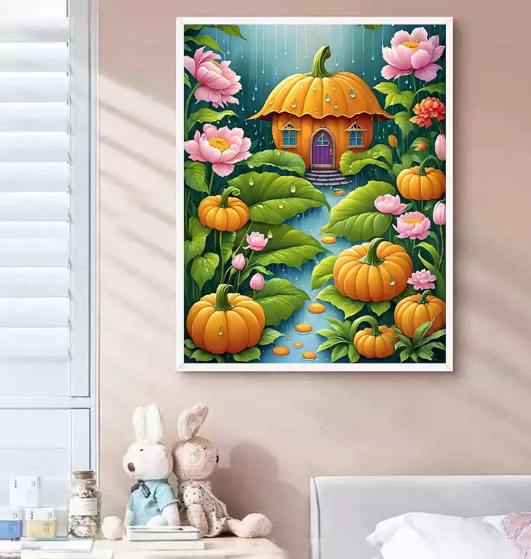 home-1023 *สินค้าหมด* ชุดปักครอสติช ลายบ้านฟักทอง (ปักเต็มผืนผ้า ไม่มีเดินเส้น ผ้า9CTพิมพ์ลาย ปัก 4 เส้นเล็ก) ขนาด 65*85 ซม.ผ้าครอสติช 9CTพิมพ์ลายปักบนผ้า ไหมคอตตอน 45 สี ผังลาย เข็ม