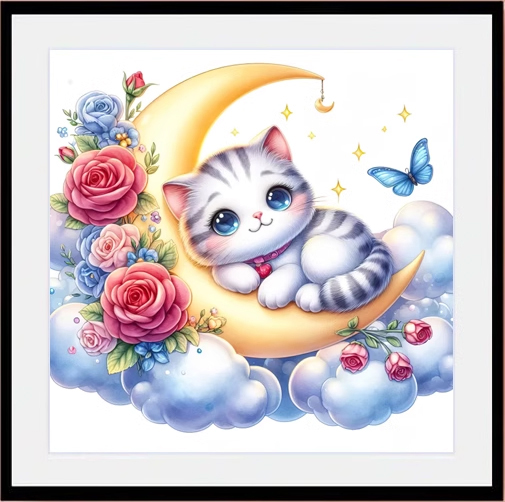 cat-1132 *สินค้าหมด* ชุดปักครอสติช ลายแมวน้อยบนดวงจันทร์ (ปักเต็มผืนผ้า ไม่มีเดินเส้น ผ้า11CTพิมพ์ลาย ปัก 3 เส้นเล็ก) ขนาด 50*50 ซม.ผ้าครอสติช 11CTพิมพ์ลายปักบนผ้า ไหมคอตตอน 47 สี ผังลาย เข็ม