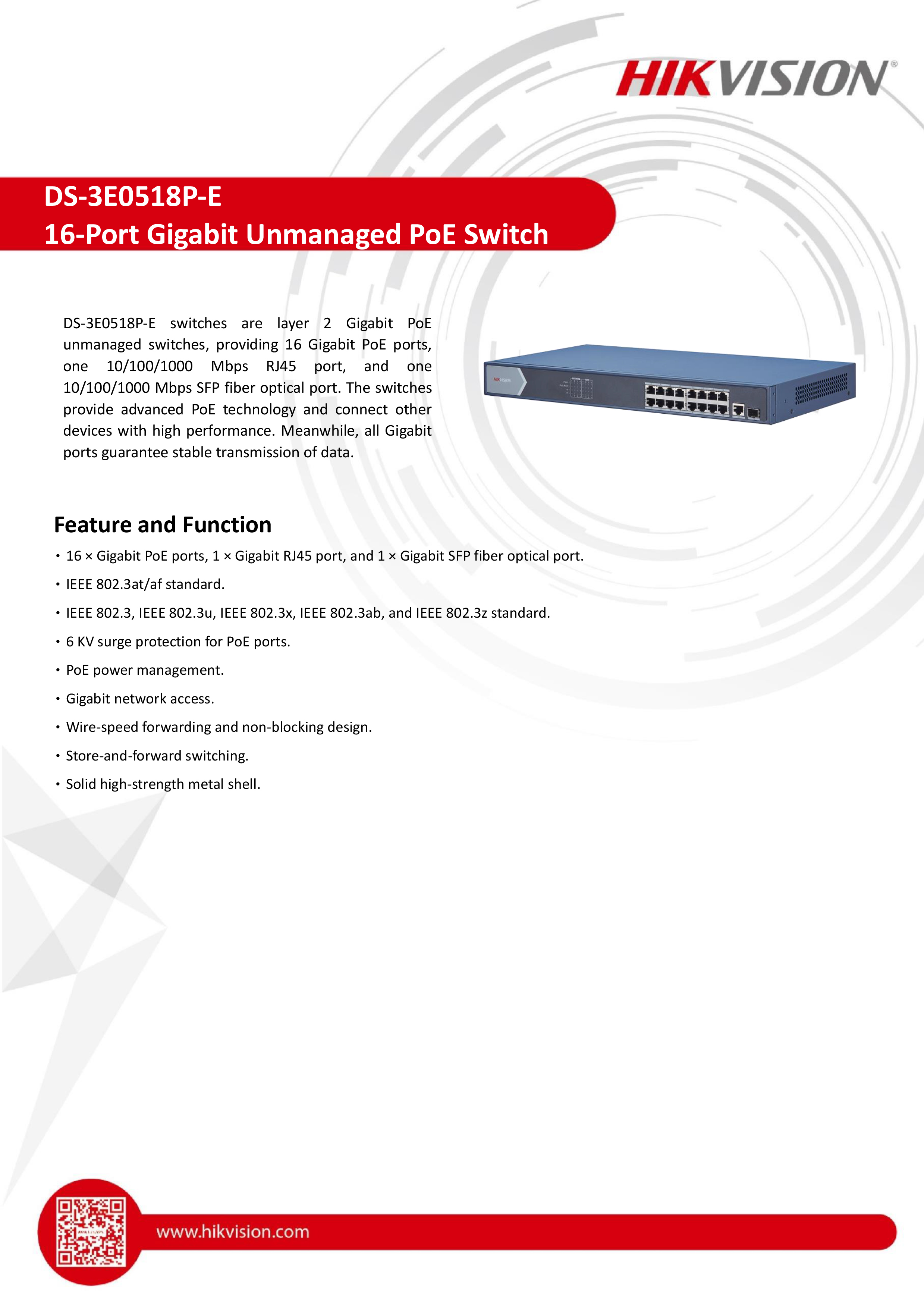 HIKVISION DS-3E0518P-E : 16 Port Gigabit Unmanaged POE Switch BY BILLIONAIRE SECURETECH DS-3E0518P-E