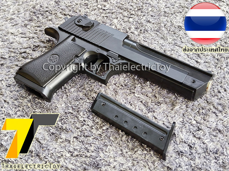 ปืนอัดลมพลาสติก Desert Eagle ชักยิงทีล่ะนัด นกสับได้ ลำกล้องยาว 7.5 นิ้ว หนัก 407 กรัม ใช้ลูกกระสุนพลาสติก 6 มิล (เป็นโลหะเฉพาะสไลน์ท่อนหลังเท่านั้น)