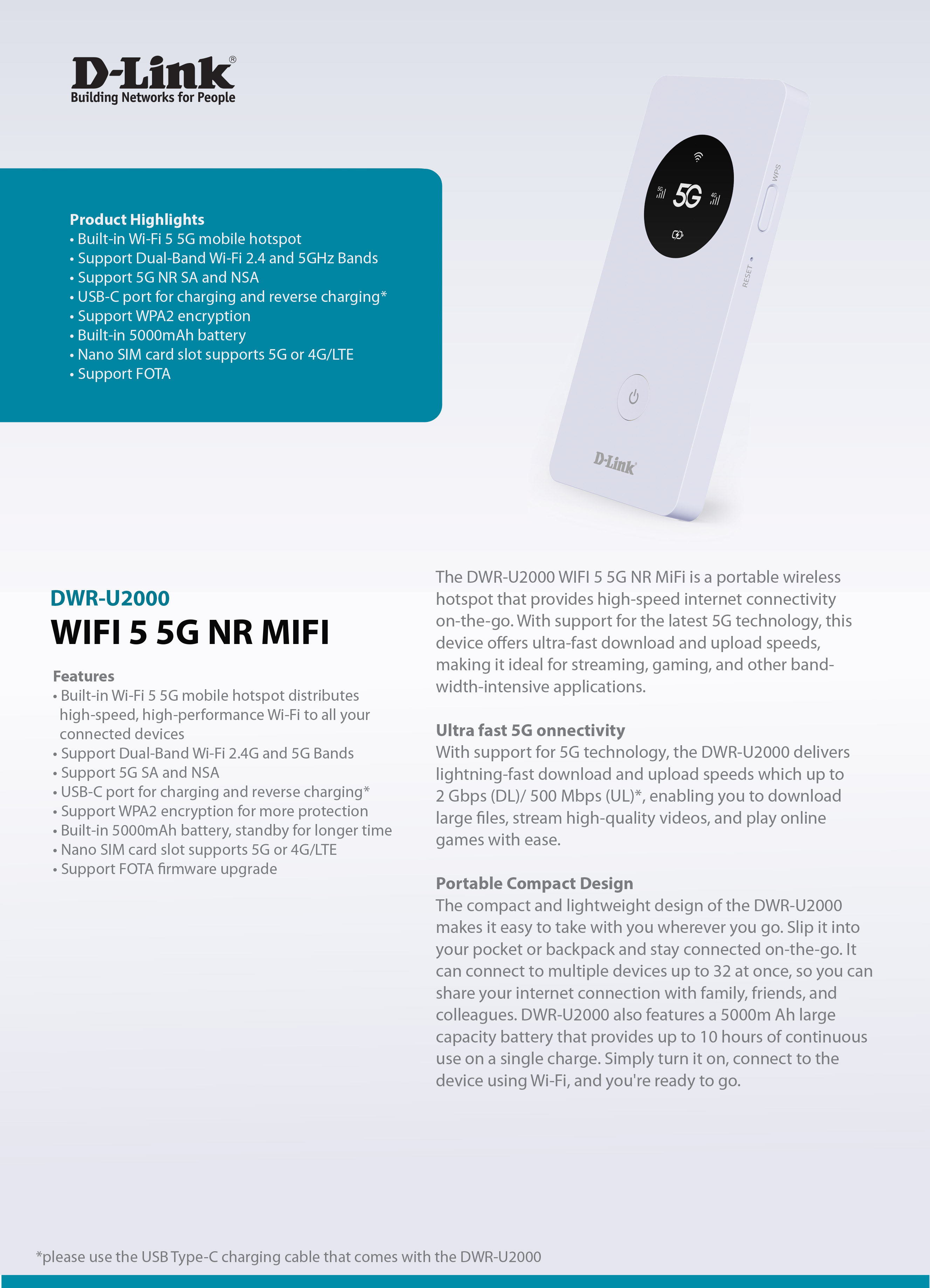 D-LINK DWR-U2000 : 5G NR MiFi Mobile Hotspot BY BILLIONAIRE SECURETECH DWR-U2000