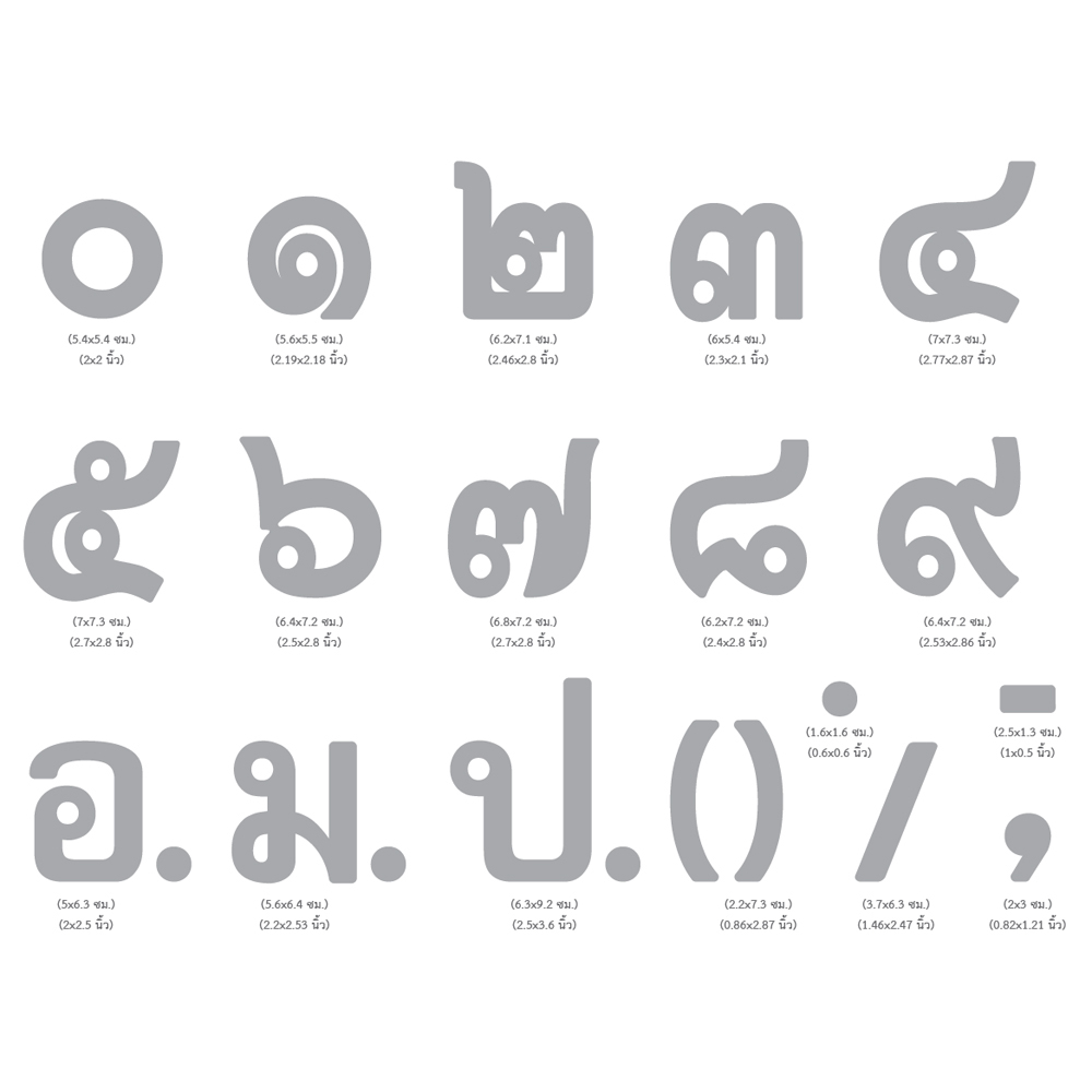 ขนาดแผ่นตัวเลขไทย ๐-๙ ตัวอักษรพลาสติก อ. ป. ม. เครื่องหมายคั่น สูง2.5นิ้ว TL-241-255
