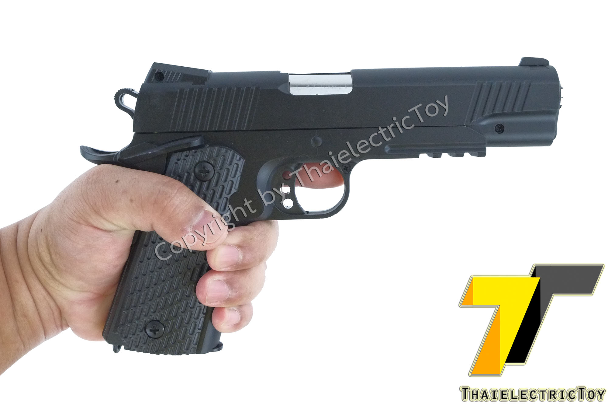 ปืนอัดลมเหล็ก Colt Government ชักยิงทีล่ะนัด ลำกล้องยาว 7.5 นิ้ว นกสับได้ เซพตี้สไลน์ แมคเหล็ก หนัก 544 กรัม ใช้ลูกกระสุนพลาสติก 6 มิล