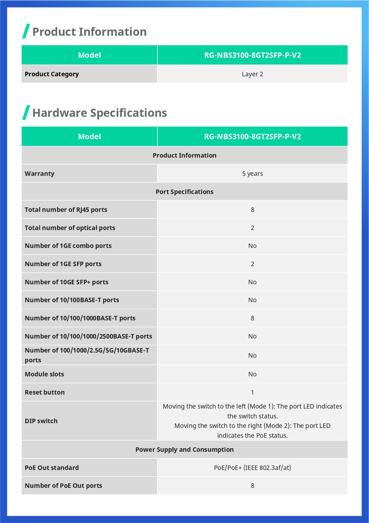 RUIJIE RG-NBS3100-8GT2SFP-P-V2 / 10 Port Gigabit Cloud Manage POE+ Switch Layer 2, 8 Port POE Gigabit + 2 Port SFP 125W BY BILLIONAIRE SECURETECH RG-NBS3100-8GT2SFP-P-V2