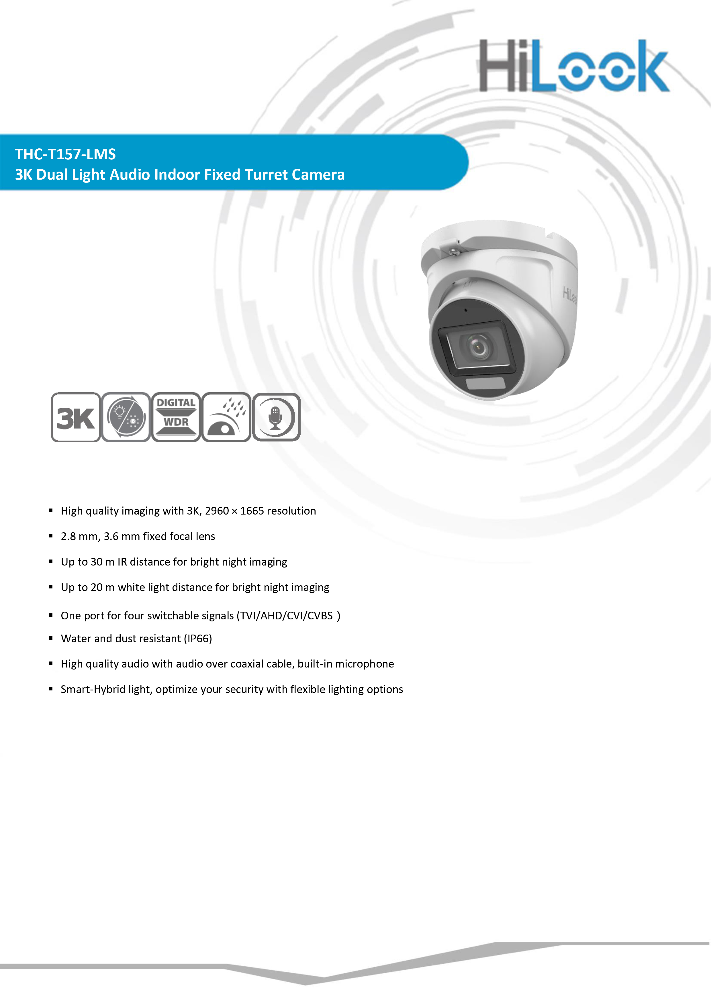 HILOOK THC-T157-LMS กล้องวงจรปิดระบบ HD ความละเอียด 3K Smart Hybrid Light มีไมค์ในตัว BY BILLIONAIRE SECURETECH THC-T157-LMS