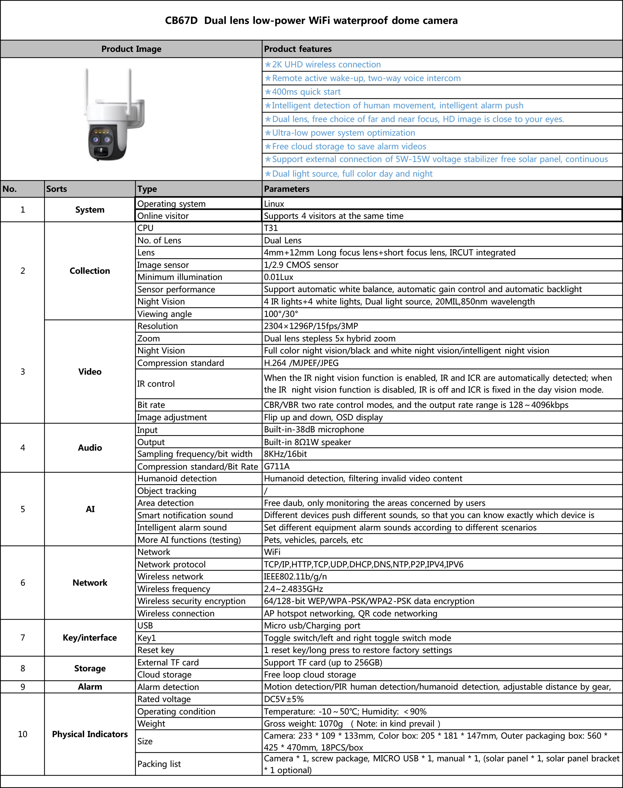 Vstarcam CB67D กล้องวงจรปิดระบบ IP WIFI 3 MP มี BATTERY 10000mAh + แผง SOLAR CELL กล้องเลนส์คู่ มีไมค์และลำโพงในตัว Color Night Vision ติดตั้งภายนอกได้ BY BILLIONAIRE SECURETECH CB67D