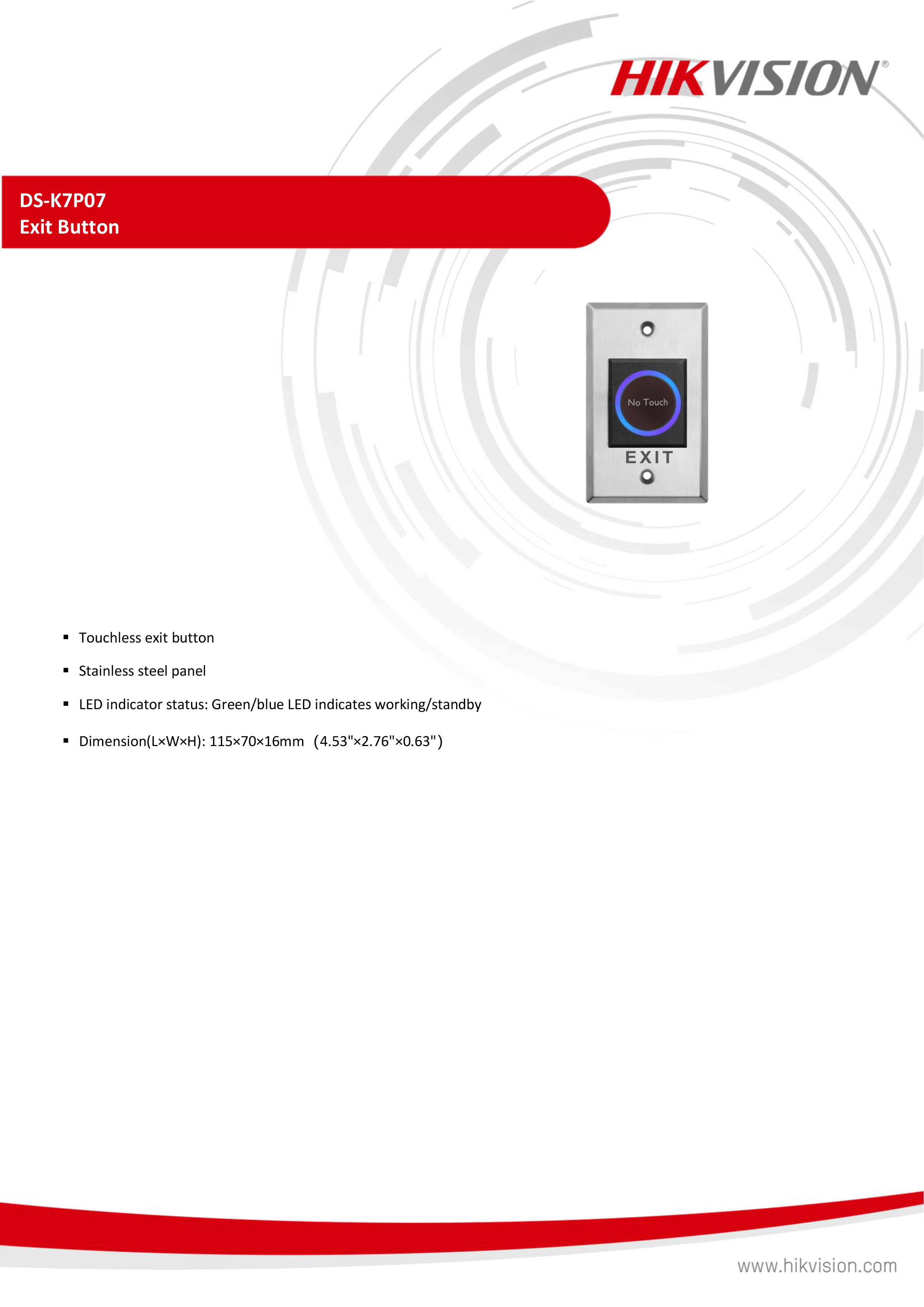 HIKVISION DS-K7P07 ปุ่มกด EXIT SWITCH แบบไร้สัมผัส BY BILLIONAIRE SECURETECH DS-K7P07