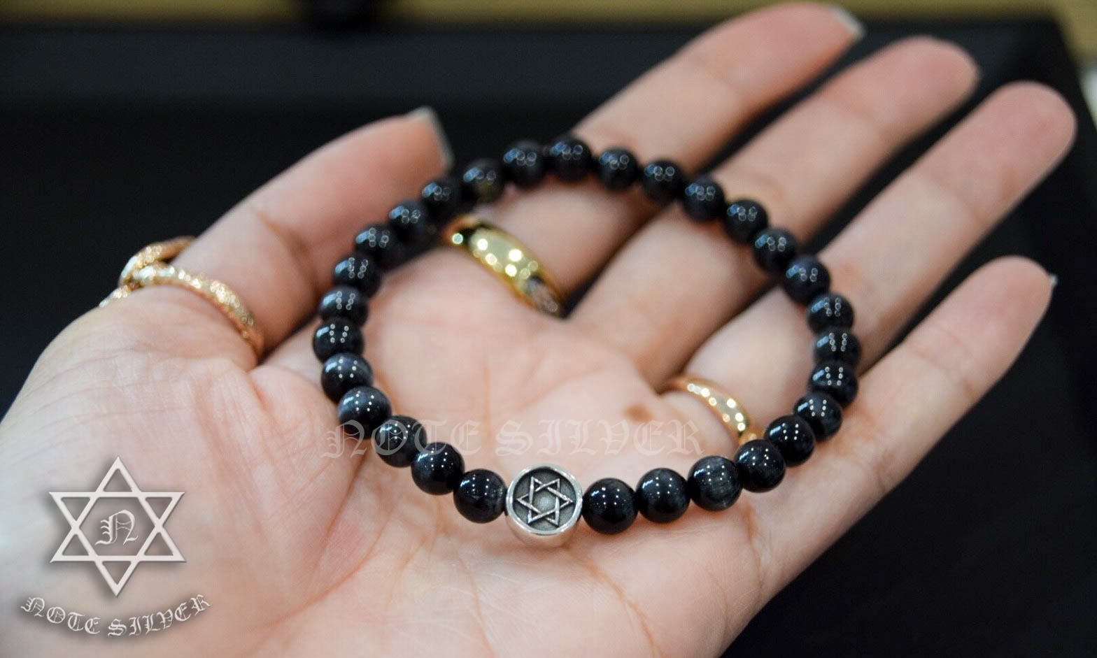 สร้อยข้อมือหินไทเกอร์อายส์ แต่งด้วยหมุดเงินแท้ลายดาวหกแฉก Tiger's Eye & Star of David Sterling Silver 925 NSSV2039