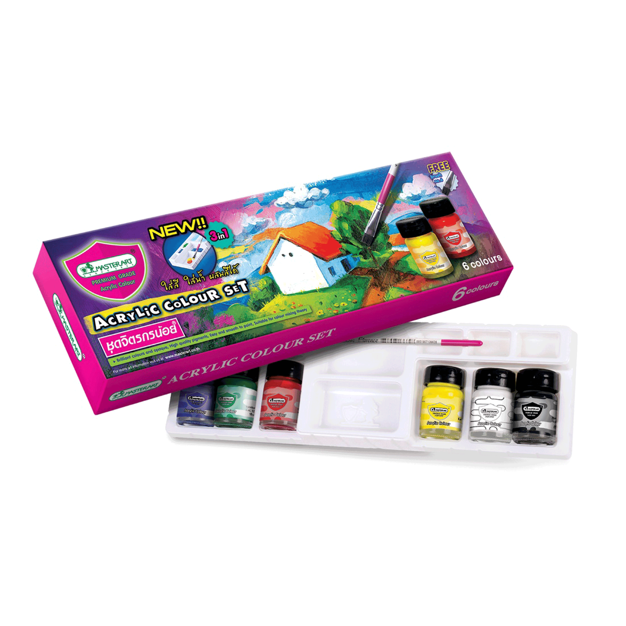 สีอะคริลิค Acrylic Colour Set มาสเตอร์อาร์ต Master art ชุดจิตรกรน้อย 6 สี 15 มล. จำนวน 1 กล่อง