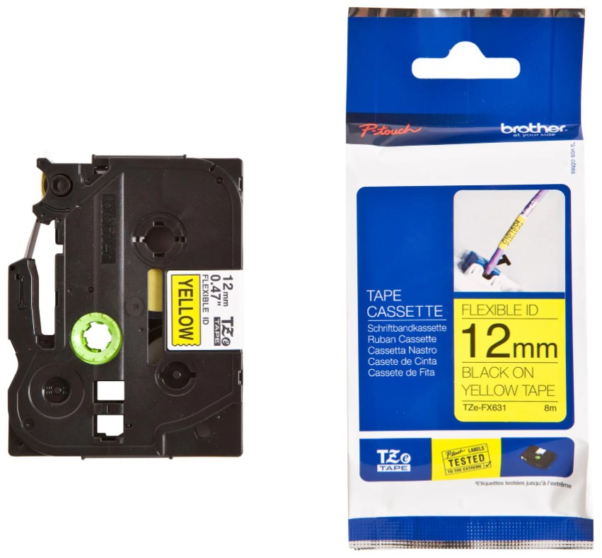 เทปพิมพ์อักษรแบบยืดหยุ่น BROTHER 12 mm. - อักษรดำพื้นเหลือง TZE-FX631