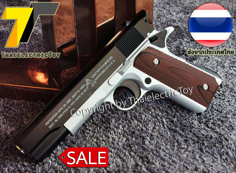 ปืนอัดลมเหล็ก ชักยิงทีล่ะนัด Colt 1911 สีทูโทน ลำกล้องยาว 7.5 นิ้ว นกสับได้ เซพตี้สไลน์ แมคเหล็ก หนัก 588 กรัม ใช้ลูกกระสุนพลาสติก 6 มิล