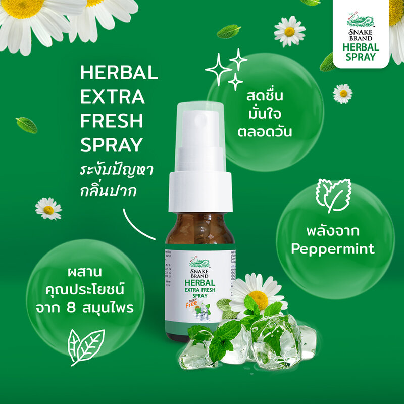 (ซื้อ 3 ราคาพิเศษ) SNAKE BRAND HERBAL EXTRA FRESH SPRAY ตรางู เฮอร์เบิ้ล เอ็กซ์ตร้าเฟรช สเปรย์ 15ML (สีเขียว)