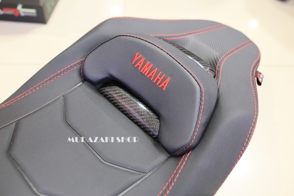 เบาะแต่ง Aerox เบาะรถมอไซลายเคฟล่า ทรงสปอร์ต สีดำ ด้ายแดง