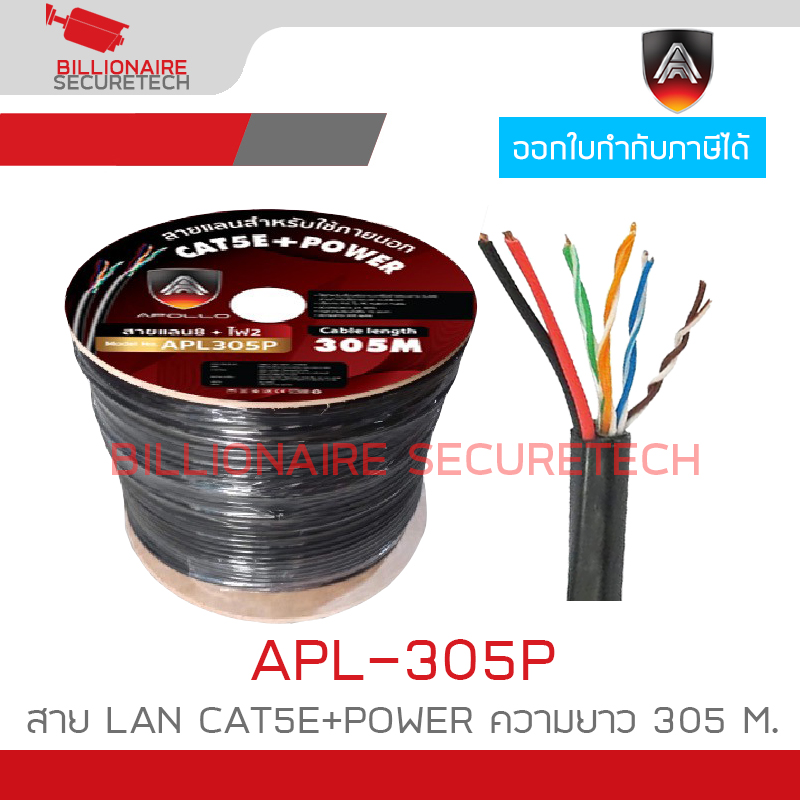 APOLLO APL305P / APL-305P สาย LAN CAT5E+POWER OUTDOOR สำหรับใช้ภายนอก ความยาว 305 M. สายสีดำ BY BILLIONAIRE SECURETECH APL305P