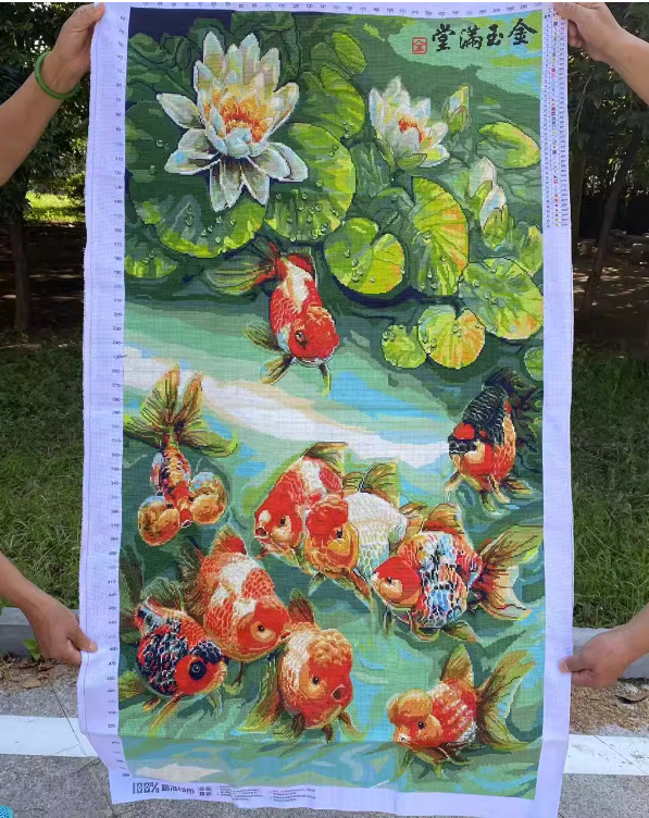 pla-1190 *สินค้าหมด* ชุดปักครอสติช ลายปลาทองในบึงบัว (งานปักเต็มลาย ไม่มีเดินเส้น) ขนาด 50*75 ซม.ผ้าครอสติช 11CTพิมพ์ลายปักบนผ้า ไหมคอตตอน 34 สี ผังลาย เข็ม