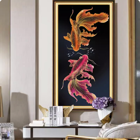 pla-1138 *สินค้าหมด* ชุดปักครอสติช ลายคู่ปลาทองแดงส้ม (ปักเต็มผืนผ้า ไม่มีเดินเส้น ผ้า11CTพิมพ์ลาย ปัก 3 เส้นเล็ก) ขนาด 50*90 ซม.ผ้าครอสติช 11CTพิมพ์ลายปักบนผ้า ไหมคอตตอน 27 สี ผังลาย เข็ม