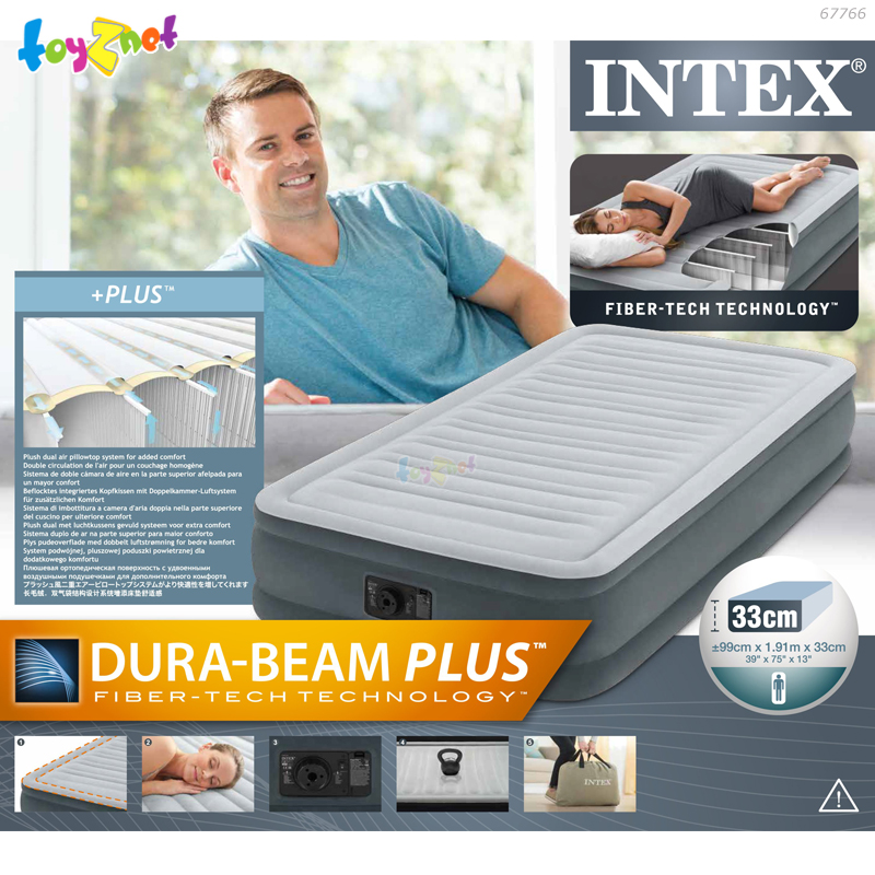 Intex Comfort-Plush Airbed 3.5ft (Twin) 0.99x1.91x0.33 m w/Built-in Elec. Air Pump no.67766