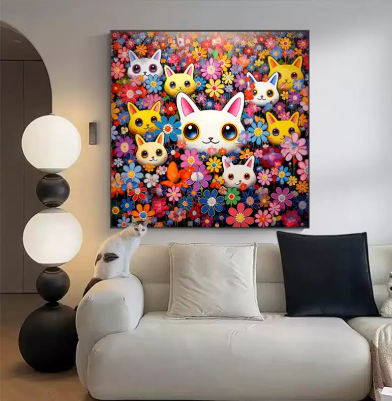 cat-1107 *สินค้าหมด* ชุดปักครอสติช ลายแมวน้อยดอกเดซี่ (ปักเต็มผืนผ้า ไม่มีเดินเส้น ผ้า11CTพิมพ์ลาย ปัก 3 เส้นเล็ก) ขนาด 61*61 ซม. ผ้าครอสติช 11CTพิมพ์ลายปักเต็มลายผ้า ไหมคอตตอน 39 สี ผังลาย เข็ม