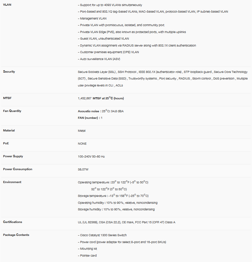 CISCO C1300-48T-4G : 48 ports 10/100/1000 + 4x 1GE SFP, Managed Switch BY BILLIONAIRE SECURETECH CISCO C1300-48T-4G