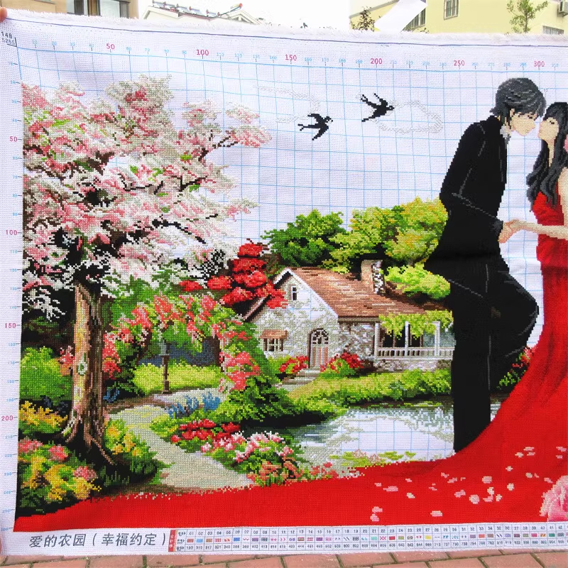 home-1035 *พร้อมส่ง* ชุดปักครอสติช ลายบ้านน้อยแห่งรัก (ผ้า11CTพิมพ์ลาย ปัก 3 เส้นเล็ก) ขนาดใหญ่ 145*76 ซม.ผ้าครอสติช 11CTพิมพ์ลายปักบนผ้า ไหมคอตตอน 67 สี ผังลาย เข็ม