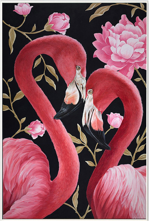 flamingo-2001 *สินค้าหมด* ชุดภาพติดคริสตัลกลม ลายคู่ฟลามิงโก้ (งานติดเต็มภาพ) ขนาด 35*50 ซม.ผ้าแคนวาสลงผังลายเต็ม คริสตัลกลม 26 สี อุปกรณ์ครบชุด