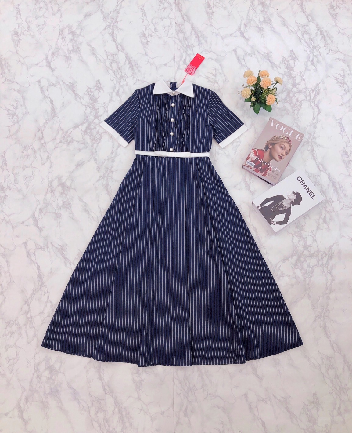 Korea Maxi dress แม็กซี่เดรสตัวยาวแขนสั้น ปกคอสีขาว