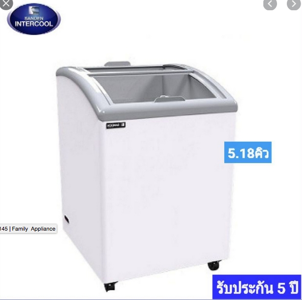 ตู้แช่แข็งฝากระจกโค้ง SANDEN SNC-0155 ( 5.8 คิว ) ขนาดภายนอกกว้าง 756 ซม. ลึก 69 ซม. สูง 83 ซม. 142 ลิตร