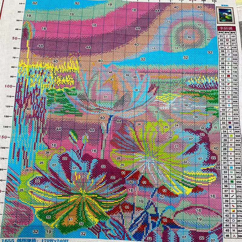 bua-1102 *สินค้าหมด* ชุดปักครอสติช ลายบึงบัวหลวง (ปักเต็มผืนผ้า ไม่มีเดินเส้น ผ้า 9CTพิมพ์ลาย มีประกาย ปัก 4 เส้นเล็ก) ขนาด 60*80 ซม.ผ้าครอสติช 9CTพิมพ์ลายปักบนผ้า ไหมคอตตอน 46 สี ผังลาย เข็ม