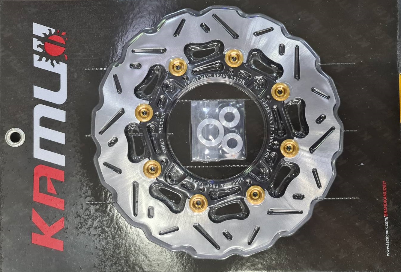 จานดิสเบรคหน้าและจานดิสเบรคหลัง Kamuii All new Forza 300/350 จานดิสเบรคหน้า 300 mm Kamuii : 3500.- จานดิสเบรคหลัง 245 mm Kamuii : 3200.-