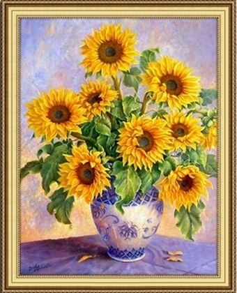 sunflower-2008 *พร้อมส่ง* ชุดภาพติดคริสตัลกลม ลายแจกันดอกทานตะวัน ( งานติดเต็มภาพ ) ขนาด 40*50 ซม. ผ้าแคนวาสลงผังลายเต็ม คริสตัลกลม 27 สี อุปกรณ์ครบชุด