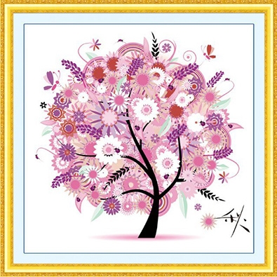 tree-1061 *พร้อมส่ง* ชุดปักครอสติช ลายต้นไม้ในฤดูใบไม้ร่วง (ไม่มีเดินเส้น) ขนาด 46*46 ซม.ผ้าครอสติช 11CTพิมพ์ลายปักบนผ้า ไหมคอตตอน 15 สี ผังลาย เข็ม