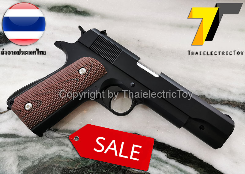 ปืนอัดลมเหล็ก ชักยิงทีล่ะนัด Colt 1911 สีดำ ลำกล้องยาว 7.5 นิ้ว นกสับได้ เซพตี้สไลน์ แมคเหล็ก หนัก 588 กรัม ใช้ลูกกระสุนพลาสติก 6 มิล