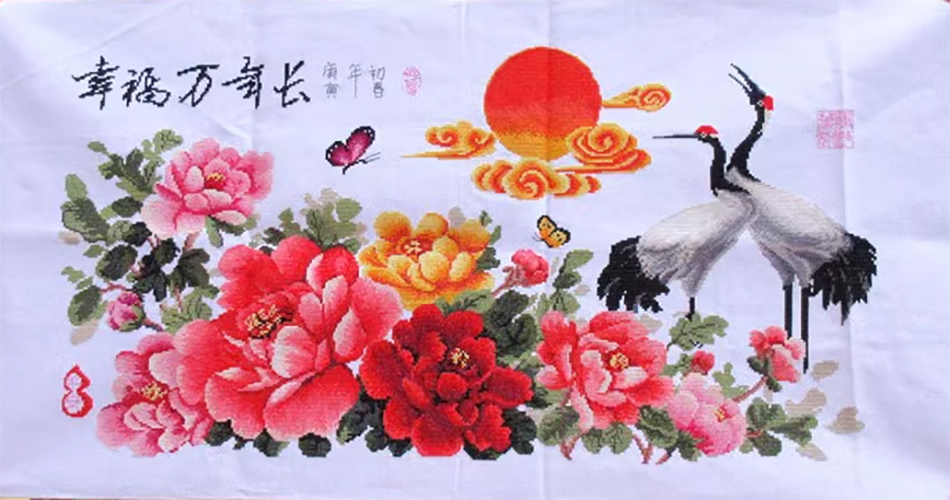 crane-1103 *สินค้าหมด* ชุดปักครอสติช ลายนกกระเรียนคู่ในสวนโบตั๋น (ผ้า11CTพิมพ์ลาย ปัก 3 เส้นเล็ก) ขนาด 96*48 ซม ผ้าครอสติช 11CTพิมพ์ลายปักบนผ้า ไหมคอตตอน 52 สี ผังลาย เข็ม