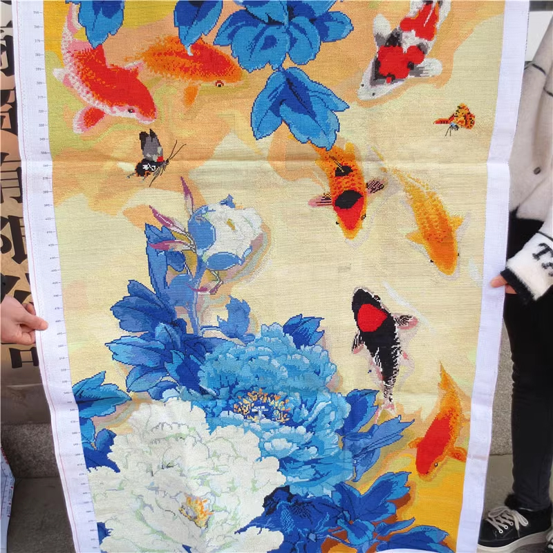 pla-1133 *สินค้าหมด* ชุดปักครอสติช ลาย 9 ปลาคาร์ป กับช่อโบตั๋น (งานปักเต็มลาย ปักครั้งละ 3 เส้นเล็ก) ขนาด 54*101 ซม.ผ้าครอสติช 11CTพิมพ์ลายปักบนผ้า ไหมคอตตอน 57 สี ผังลาย เข็ม