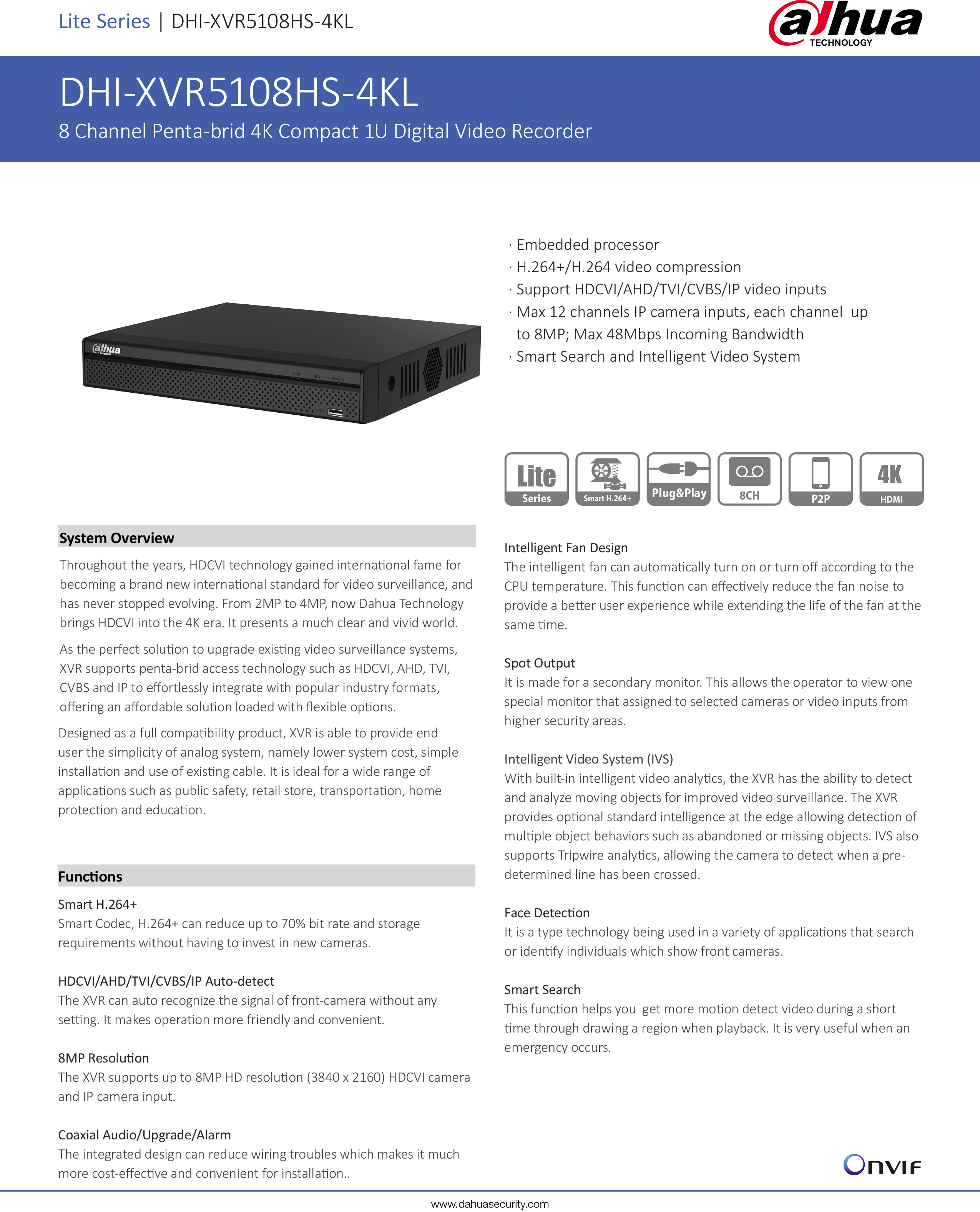 DAHUA XVR5108HS-4KL-I3 (8 CH) เครื่องบันทึกสำหรับกล้องวงจรปิดระบบ HD BY BILLIONAIRE SECURETECH XVR5108HS-4KL-I3