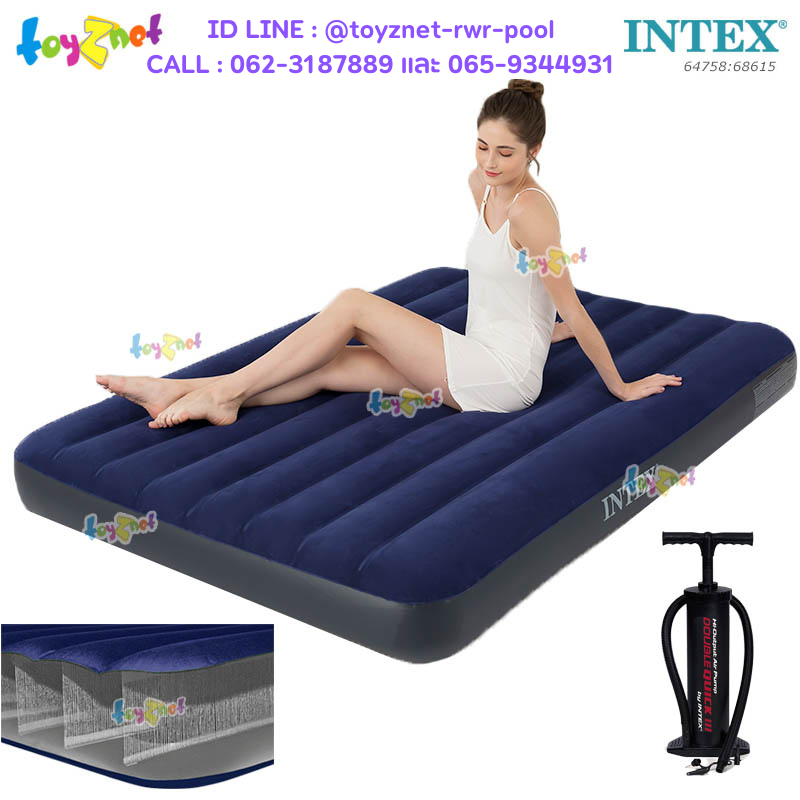 Intex "New Structure - More Comfortable" Dura-Beam Fiber-Tech Airbed 4.5ft (Full) 1.37x1.91x0.25 m. Blue No.64758 + Double Quick III Hand Pump