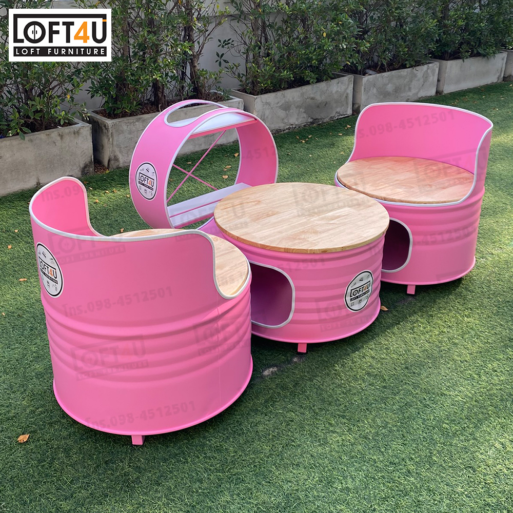 Cafe Table Set + drink shelf : wooden cushion / 2 seats