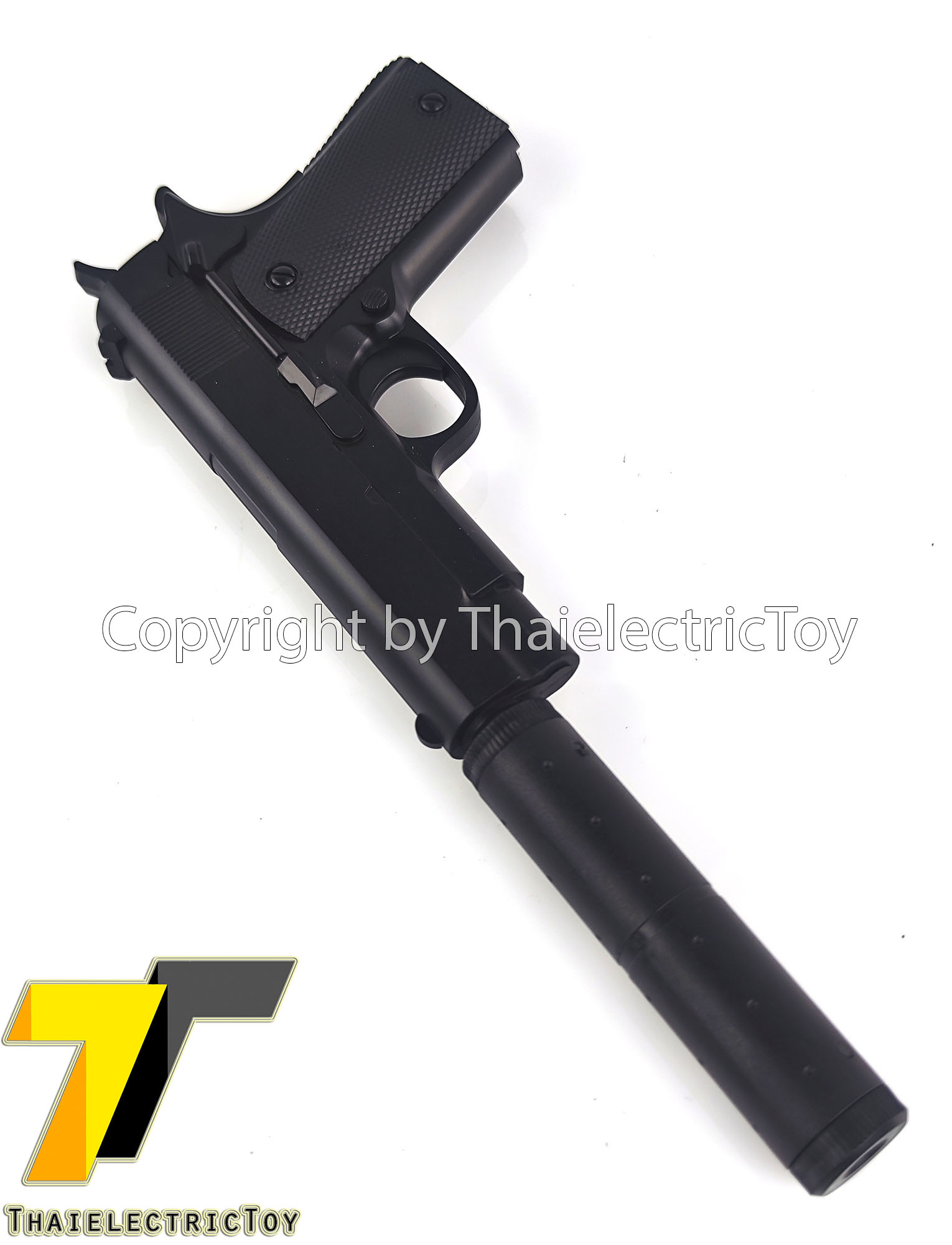 ปืนอัดลมเหล็ก 1911 ชักยิงทีล่ะนัด ลำกล้องยาว 6 นิ้ว หนัก 271 กรัม ใช้ลูกกระสุนพลาสติก 6 มิล